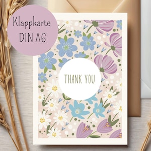 Blumenkarte, Grußkarte, Danke, Liebe, Illustration Blumen, Dankeskarte, Danke, Postkarte, lila, blau, bunte Karte, thank you, Flowercard