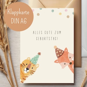 Geburtstagskarte, Fuchs Karte, Watercolor birthday, Kindergeburtstag, Kids, Tiger Geburtstagskarte, Klappkarte, Karte für Kindergeburstag