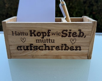 Stiftehalter, Notizbox, Zettelbox aus Holz mit der Aufschrift „Hattu Kopf wie Sieb, Schreibtisch Organisator, Notizzettel, Kugelschreiber