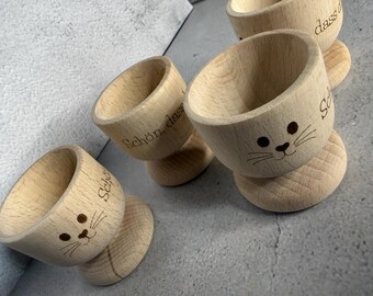 Egg cups | Egg holders, "Nice to see you" made of wood, 4-piece set