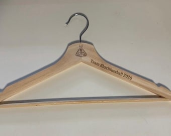 Personalisierter Kleiderbügel aus Holz- Gravur mit Name, Datum, Symbol für Hochzeit, Braut & Trauzeugin, Abiball, Abschlussball, Tanzkurs