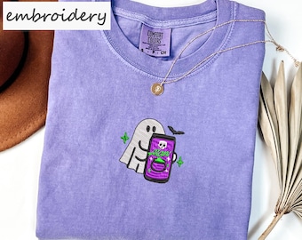 Comfort Colors® Embroidered Spooky Ghost Alani Halloween T-Shirt, Cute Fall Embroidery Sweatshirt, Cozy Ghost Top, Spooky Season Gift