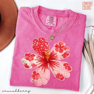 Comfort Colors® Hibiscus Flower Faux Patchwork Shirt Graphic Hibiscus Print Hawaii Vacation Beach Shirt Trendy Summer Shirt Gift For Her