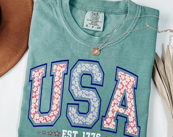 Comfort Colors®  Floral USA Shirt, American Girl Shirt, USA Est 1776 Shirt, Girly 4th of July Shirt, Patriotic Women Shirt, Flower USA Shirt