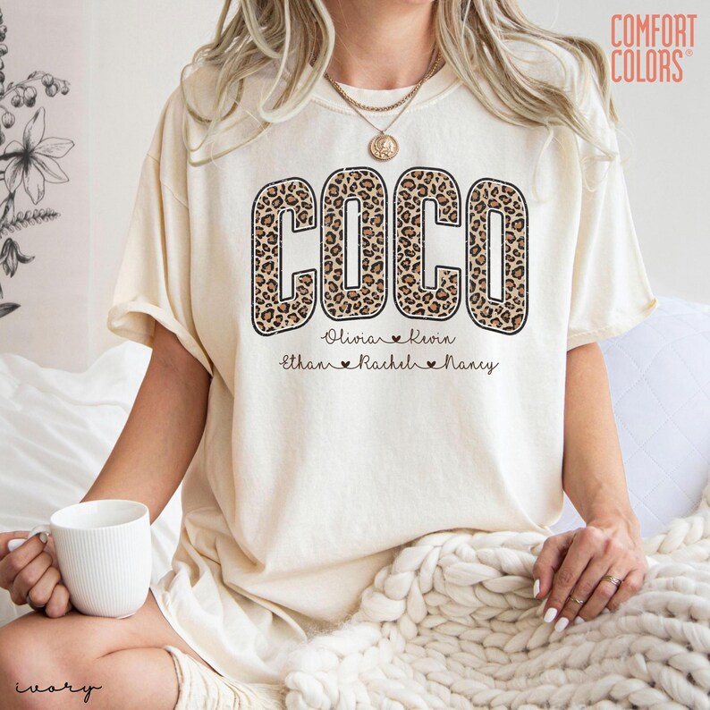 Comfort Colors® Personalized Coco Shirt with Grandkids Names, Leopard Coco Shirt, Coco Gifts, Mothers Day Gift, Custom Kids Names Coco image 3