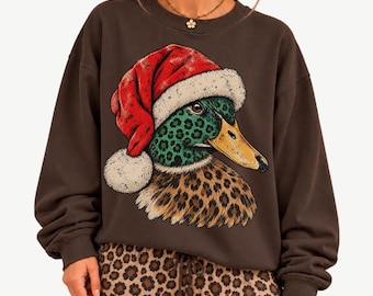 Sudadera navideña retro con pato ánade real, suéter vintage con estampado de leopardo y pato, sudadera con lazo y gorro de Papá Noel.