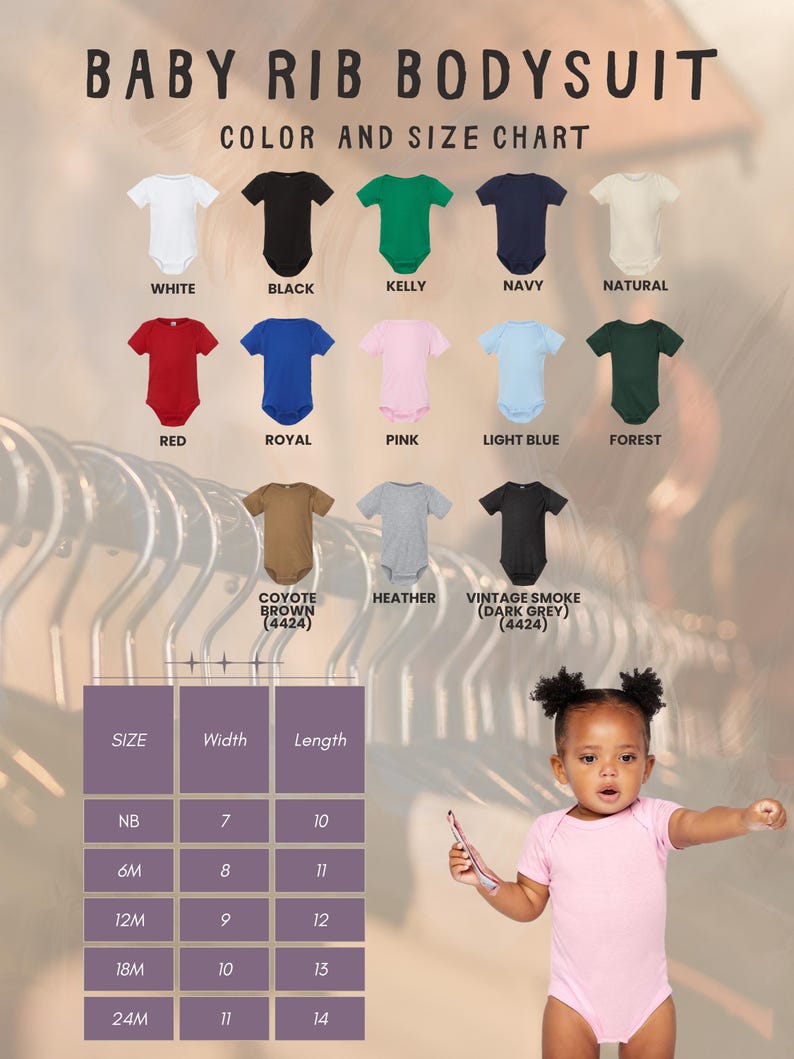 May include: A Baby Rib Bodysuit colour and size chart featuring fifteen short-sleeve bodysuit icons in various colours including white, black, kelly, navy, natural, red, royal, pink, light blue, forest, coyote brown, heather, and vintage smoke.