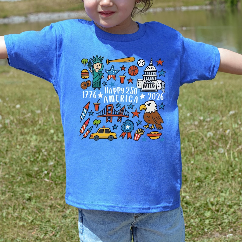 Happy 250 T-Shirt, 1776-2026 USA 250th Anniversary Shirt, Kids Doodle Patriotic USA Tee Bild 7
