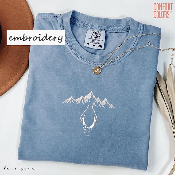 Comfort Colors® Embroidered Minimalist Penguin Mountain Shirt, Aesthetic Adventure Shirt, Quiet Courage Graphic Tee, Lonely Penguin Art Tee