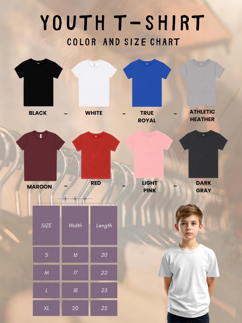 K&ouml;nnte beinhalten: Eine Farb- und Gr&ouml;&szlig;entabelle f&uuml;r Jugend-T-Shirts zeigt verschiedene T-Shirt-Farben: Schwarz, Wei&szlig;, K&ouml;nigsblau, Athletic Heather, Bordeauxrot, Rot, Hellrosa und Dunkelgrau. Die Tabelle enth&auml;lt Gr&ouml;&szlig;enangaben in cm f&uuml;r Breite und L&auml;nge.