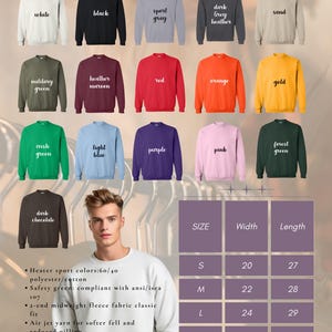Puede incluir: Una variedad de sudaderas de cuello redondo en varios colores, incluyendo blanco, negro y rojo. La imagen tambi&eacute;n muestra una tabla de tallas con medidas en pulgadas. La palabra "SWEATSHIRT" est&aacute; en la parte superior.