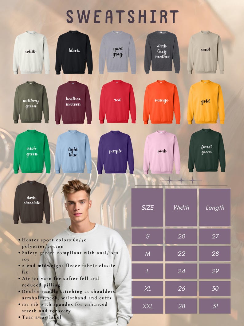 Puede incluir: Una variedad de sudaderas de cuello redondo en varios colores, incluyendo blanco, negro y rojo. La imagen tambi&eacute;n muestra una tabla de tallas con medidas en pulgadas. La palabra "SWEATSHIRT" est&aacute; en la parte superior.