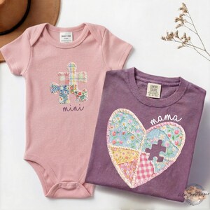 Mommy and Me Outfits, Faux Patchwork Puzzle Piece Mimi Mini Matching Shirts, First Mothers Day Gift From Baby, Mom and Baby Bodysuit and Tee image 3