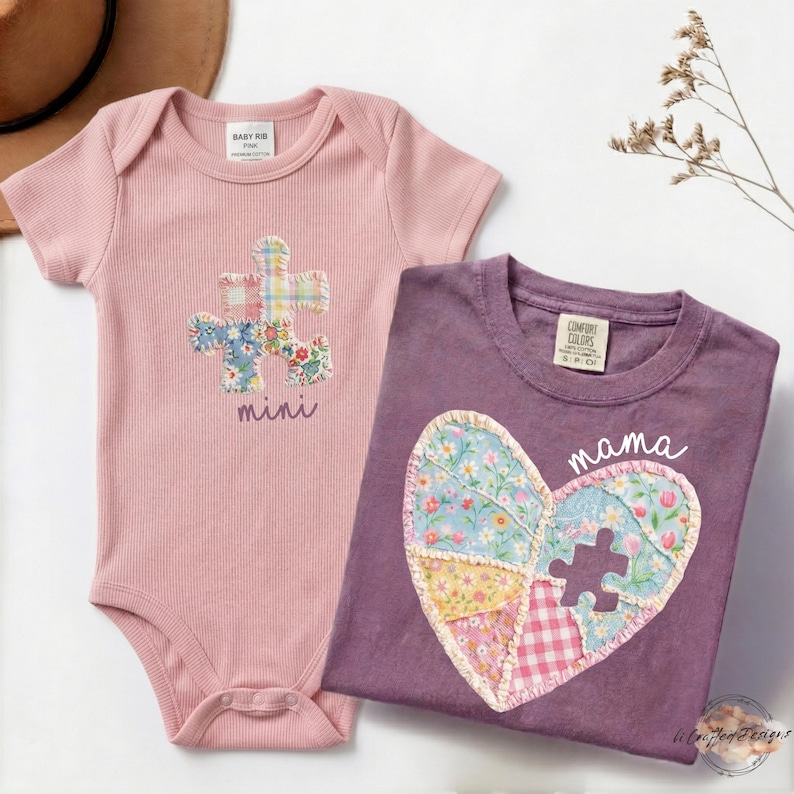 Mommy and Me Outfits, Faux Patchwork Puzzle Piece Mimi Mini Matching Shirts, First Mothers Day Gift From Baby, Mom and Baby Bodysuit and Tee image 3