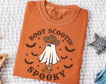 Comfort Colors® Boot Scootin Spooky Tee, Halloween Ghost Shirt, Cowboy Ghost Shirt, Halloween Cute Spooky T-Shirt, Western Halloween Shirt