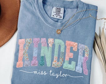 Custom Comfort Colors® Kindergarten Teacher Shirt First Day Kinder Matching Group Shirt Floral Blue Faux Patchwork Educator Back to School