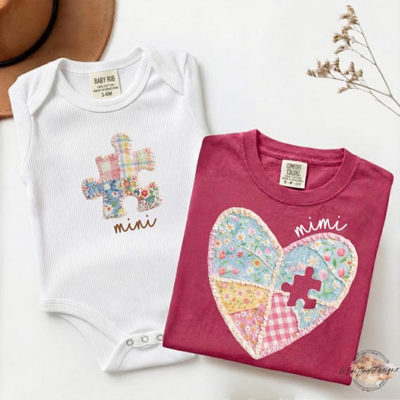 Mommy and Me Outfits, Faux Patchwork Puzzle Piece Mimi Mini Matching Shirts, First Mothers Day Gift From Baby, Mom and Baby Bodysuit and Tee
