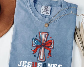 Comfort Colors® Jesus Saves USA T-shirt,Christian Patriotic JesUSAves Shirt, USA Jesus tee, 4th of July Gift, USA Red white and blue Shirt
