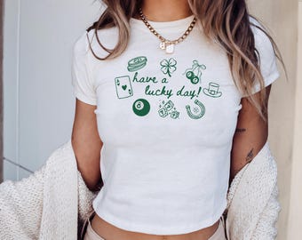 Lucky Baby Tee, Have a Lucky day y2k Shirt, Retro Shamrock Shirt, Womens Shenanigans Tee, Cute St Patricks Day Tshirt, Four Leaf Clover y2k