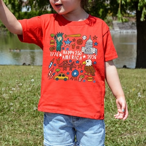 Happy 250 T-Shirt, 1776-2026 USA 250th Anniversary Shirt, Kids Doodle Patriotic USA Tee Bild 5