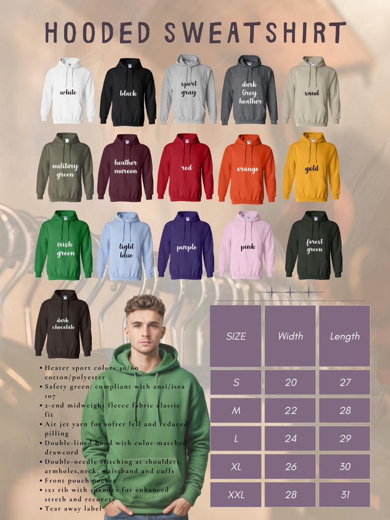 Puede incluir: Una variedad de sudaderas con capucha en diferentes colores, incluyendo blanco, negro y gris. La imagen muestra una tabla de tallas con medidas en cent&iacute;metros. El texto en la parte superior dice "HOODED SWEATSHIRT".
