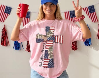 Comfort Colors®Patriotic Cross Shirt, Faux Patchwork American Flag Tee, Christian 4th of July Shirt, God Bless America , Religious USA Gift