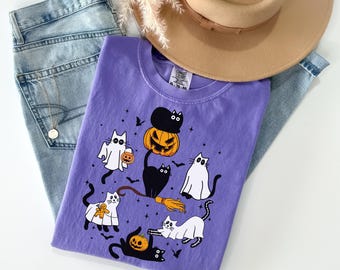 Comfort Colors® Ghost Cat Shirt, Cat Ghost T-Shirt, Cute Cat Lovers Shirt, Retro Ghost Halloween, Halloween Cat T-shirt, Halloween Gifts