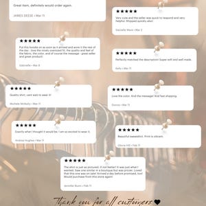 Puede incluir: Una p&aacute;gina web que muestra rese&ntilde;as de clientes fijadas con chinchetas. Las rese&ntilde;as incluyen comentarios como "Gran art&iacute;culo", "Camiseta de calidad" y "Hermosa sudadera". La p&aacute;gina tambi&eacute;n presenta el texto "Gracias a todos los clientes".