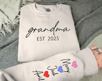 Custom Grandma Sweatshirt With Grandkids Names On Sleeve, Personalized Granny Hoodie, Gramma Outfit, Gigi Mimi Clothing, Mothers Day Gifts