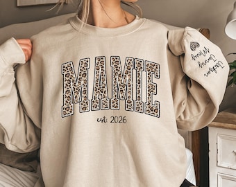 Custom Leopard Mamie Sweatshirt With Kid Name On Sleeve, Personalized Mamie Sweatshirt, Gift For Mamie, Christmas Gift Mamie Est Shirt