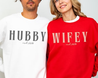 Personalized Wifey and Hubby Sweatshirt, Newlywed Honeymoon Outfit, Custom Couple Hoodie, Engagement Clothings Wedding Party Gift Bride Gift