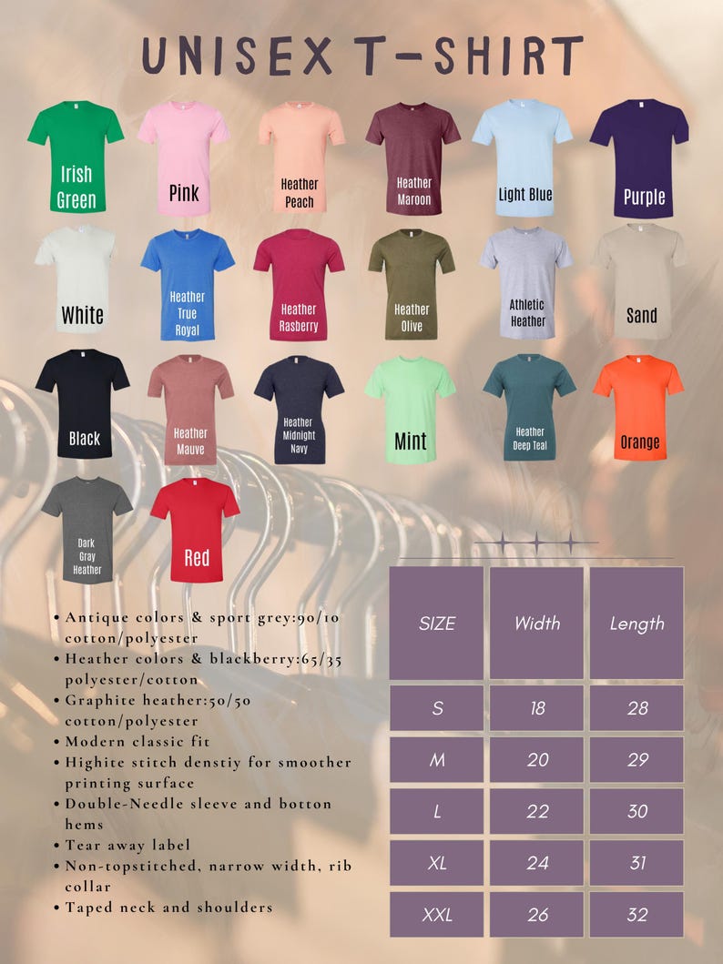 K&ouml;nnte beinhalten: Eine Tabelle mit den Farben und Gr&ouml;&szlig;en von Unisex-T-Shirts. Die Tabelle enth&auml;lt 20 verschiedene Farben, darunter Irisch Gr&uuml;n, Pink, Heather Peach, Heather Maroon, Hellblau, Lila, Wei&szlig;, Heather True Royal, Heather Raspberry, Heather Olive, Athletic Heather, Sand, Schwarz, Heather Mauve, Heather Midnight Navy, Mint, Heather Deep Teal, Orange, Dark Gray Heather und Rot. Die Tabelle enth&auml;lt auch eine Gr&ouml;&szlig;entabelle mit den Gr&ouml;&szlig;en S, M, L, XL und XXL sowie die entsprechenden Breiten- und L&auml;ngenma&szlig;e in Zoll.