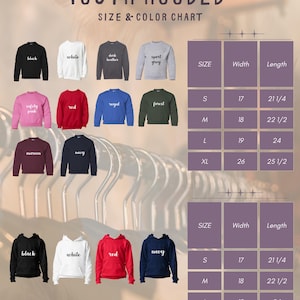 Puede incluir: Una tabla de tallas y colores para sudaderas y sudaderas con capucha juveniles. La tabla muestra varios colores, incluyendo negro, blanco, rojo y azul marino. Las medidas se proporcionan en cm para el ancho y el largo, con tallas que van de la S a la XL.