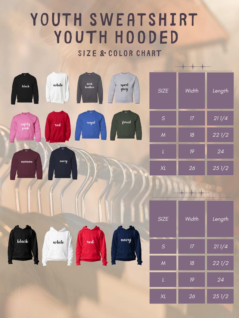 Puede incluir: Una tabla de tallas y colores para sudaderas y sudaderas con capucha juveniles. La tabla muestra varios colores, incluyendo negro, blanco, rojo y azul marino. Las medidas se proporcionan en cm para el ancho y el largo, con tallas que van de la S a la XL.