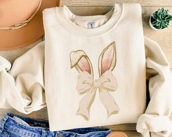 Coquette Bow Bunny Ears Sweatshirt, Cute Bunny Sweatshirt, Rabbit Tee, Happy Easter Day Gift, Coquette Easter, Cute Easter Shirt