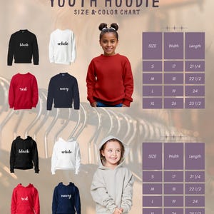 K&ouml;nnte beinhalten: Gr&ouml;&szlig;entabelle f&uuml;r Jugend-Sweatshirts und -Hoodies. Die Tabelle zeigt die Breite und L&auml;nge in Zoll f&uuml;r die Gr&ouml;&szlig;en S, M, L und XL. Die verf&uuml;gbaren Farben sind Schwarz, Wei&szlig;, Rot und Marine.