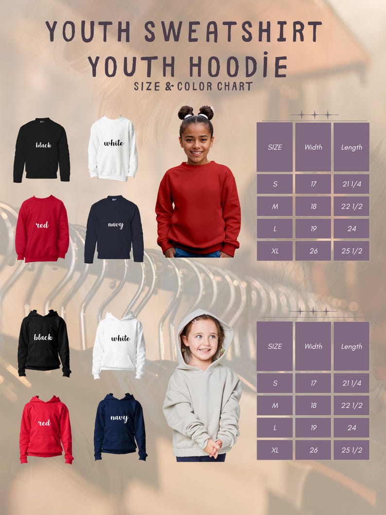 K&ouml;nnte beinhalten: Gr&ouml;&szlig;entabelle f&uuml;r Jugend-Sweatshirts und -Hoodies. Die Tabelle zeigt die Breite und L&auml;nge in Zoll f&uuml;r die Gr&ouml;&szlig;en S, M, L und XL. Die verf&uuml;gbaren Farben sind Schwarz, Wei&szlig;, Rot und Marine.