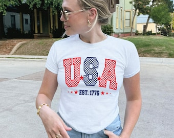 USA Checkered Baby Tee, 4th of July USA Baby Tee, Patriotic USA Shirt, Y2k Clothing America Shirt, 4th of July America Y2k Tee, Usa Baby Tee