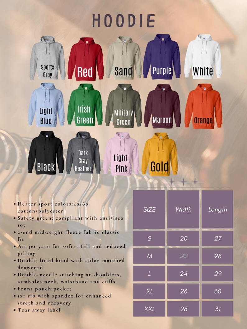 K&ouml;nnte beinhalten: Eine Tabelle, die verschiedene Farben und Gr&ouml;&szlig;en von Hoodies zeigt. Die Tabelle enth&auml;lt die folgenden Farben: Sportgrau, Rot, Sand, Lila, Wei&szlig;, Hellblau, Irischgr&uuml;n, Milit&auml;rgr&uuml;n, Weinrot, Orange, Schwarz, Dunkelgrau meliert, Hellrosa und Gold. Die Tabelle enth&auml;lt auch die folgenden Gr&ouml;&szlig;en: S, M, L, XL und XXL. Die Tabelle enth&auml;lt auch die folgenden Ma&szlig;e: Breite und L&auml;nge. Die Tabelle enth&auml;lt auch die folgenden Informationen: Heizsportfarben: 40/60 Baumwolle/Polyester, Sicherheitsgr&uuml;n: entspricht ANSI/ISEA 107, 2-End-Mittelgewicht-Fleece-Gewebe, klassischer Sitz, Air-Jet-Garn f&uuml;r ein weicheres Gef&uuml;hl und weniger Pilling, Doppellagige Kapuze mit farblich abgestimmtem Kordelzug, Doppeln&auml;hte an Schultern, Arml&ouml;chern, Hals, Bund und &Auml;rmelb&uuml;ndchen, Vordertasche, 1x1 Ripp mit Elasthan f&uuml;r verbesserte Dehnung und Erholung, Abziehbares Etikett.