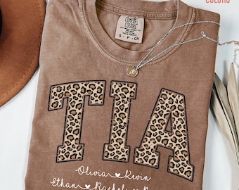Camiseta personalizada para tía de Comfort Colors® con los nombres de los nietos, camiseta de leopardo para tía, regalos para tía, regalo del Día de la Madre, camiseta personalizada para tía con nombres de niños.