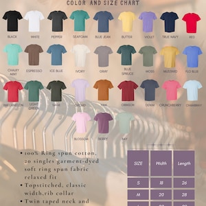 May include: A color chart for unisex short sleeve t-shirts. The chart displays various colors, including black, white, and red. The size chart shows measurements in inches for width and length, ranging from S to XXL.