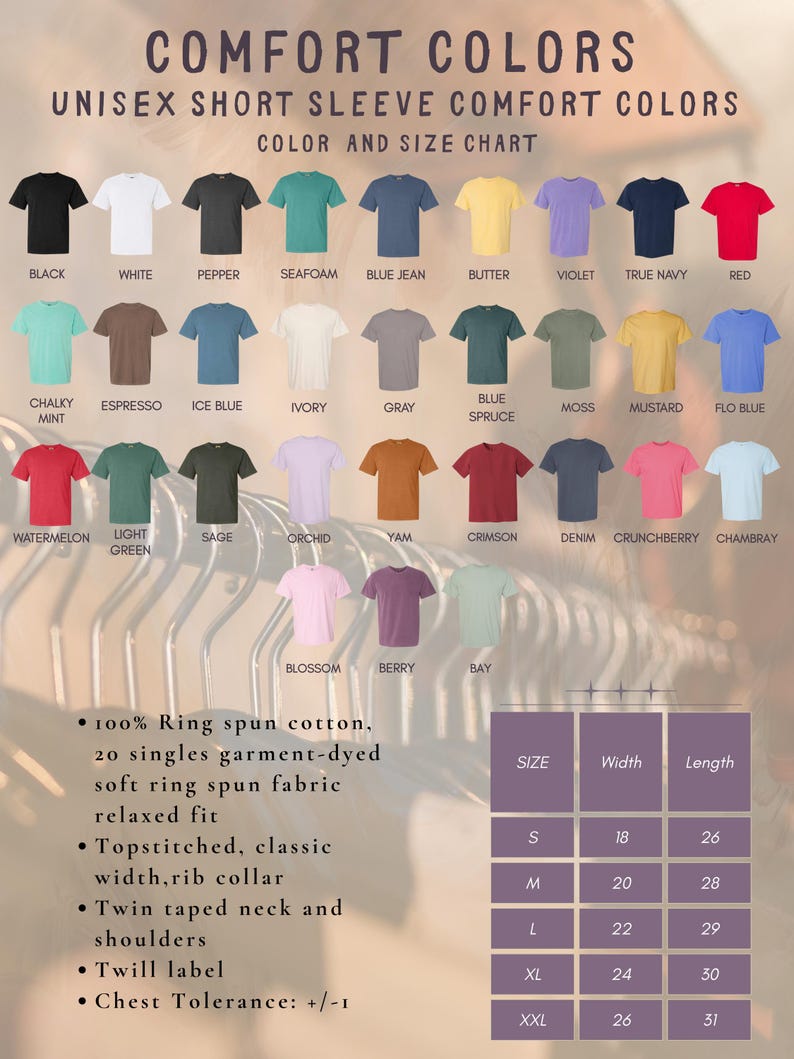 May include: A color chart for unisex short sleeve t-shirts. The chart displays various colors, including black, white, and red. The size chart shows measurements in inches for width and length, ranging from S to XXL.