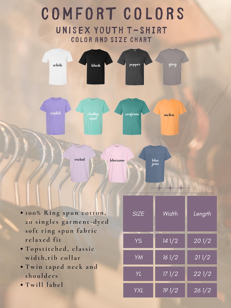 May include: A size chart for youth t-shirts in various colors, including white, black, pepper, grey, violet, chalky mint, seafoam, melon, orchid, blossom, and blue jean. The chart shows the width and length measurements in inches for sizes YS, YM, YL, and YXL.
