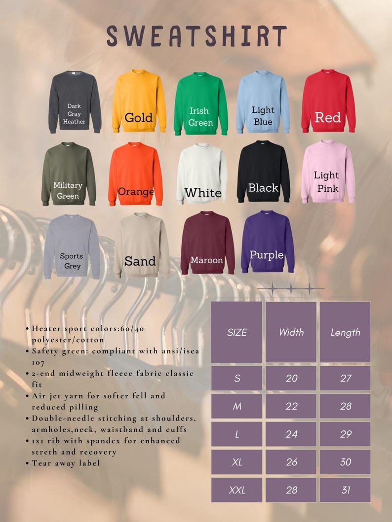 K&ouml;nnte beinhalten: Eine Tabelle mit verschiedenen Farboptionen f&uuml;r einen Pullover. Der Pullover ist in den Gr&ouml;&szlig;en S, M, L, XL und XXL erh&auml;ltlich. Die Tabelle zeigt auch die Breite und L&auml;nge jeder Gr&ouml;&szlig;e in Zoll.