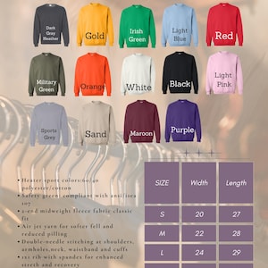 May include: A chart showing different color options for a sweatshirt, with a size chart showing width and length measurements in inches. The sweatshirt is made of a 60/40 polyester/cotton blend and features a 2-end midweight fleece fabric.