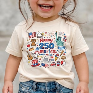 Happy 250 T-Shirt, 1776-2026 USA 250th Anniversary Shirt, Kids Doodle Patriotic USA Tee