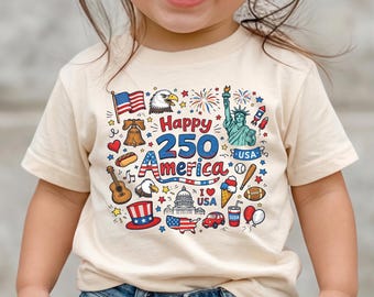 Happy 250 T-Shirt, 1776-2026 USA 250th Anniversary Shirt, Kids Doodle Patriotic USA Tee