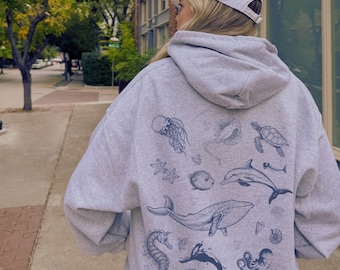 Underwater Sea Animal Words on Back Sweatshirt or Hoodie, Ocean Life Sweatshirt, Beach Hoodie, Save The Shark, Oversize Hoodie, Animal Lover