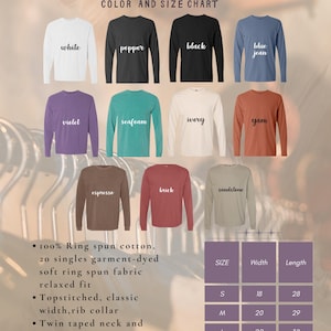 Może przedstawiać: Tabela kolor&oacute;w dla koszulek Comfort Colors unisex z długim rękawem. Tabela przedstawia r&oacute;żne kolory koszulek, w tym biały, czarny, niebieski dżins, fioletowy, morski, kość słoniowa i pochrzyn. Dołączona jest r&oacute;wnież tabela rozmiar&oacute;w, pokazująca rozmiary od S do XXL z wymiarami w cm.