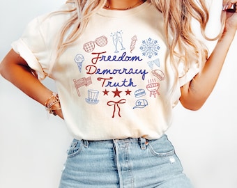 Comfort Colors® Patriotic Subtle FDT Tee, Coquette Bow patriotic Tshirt, Independence Day Tee, 4th of July FDT Shirt Freedom Democracy Truth